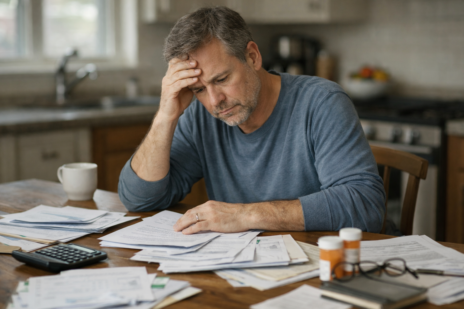 Older person sitting at table looking at documents (1)